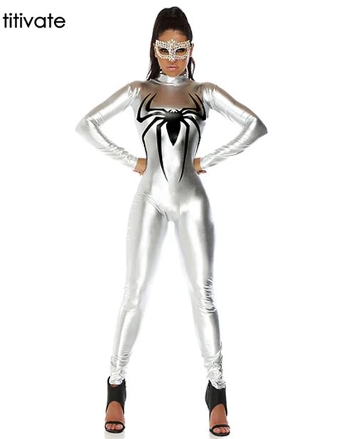 Titivate Sexy Hot Women Long Sleeve Spider Batman Silver Tight Costumes Super Hero Uniform Fancy