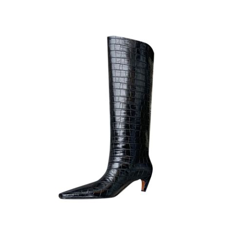 black fiska kitten heel leather knee high boots i the label