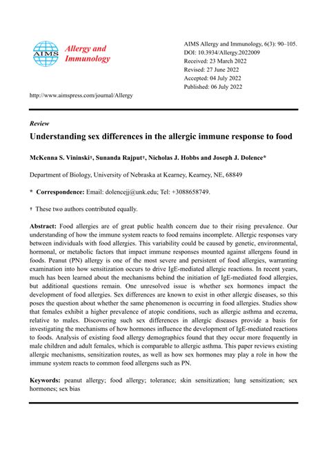 Pdf Understanding Sex Differences In The Allergic Immune Response To Food