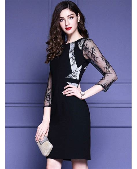 Black Lace 3 4 Sleeves Cocktail Wedding Party Dress Zl8005
