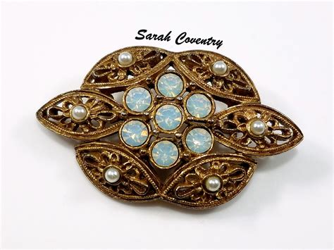 Sarah Coventry Filigree Brooch Opal Rhinestones And Faux Pearls Etsy