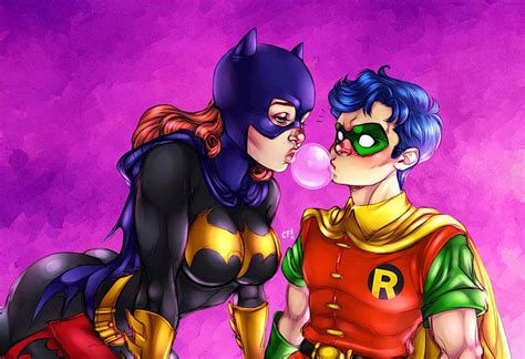 Two Women Dressed As Batman And Robin Wayne Kissing Each Other With