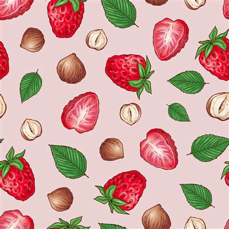Strawberry Nuts Seamless Pattern Vector Illustration Hand