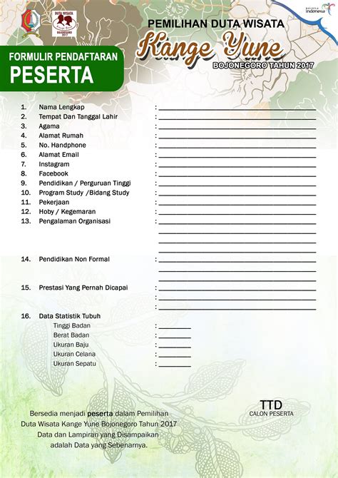 Formulir Pendaftaran Kange Yune Ok Wisata Bojonegoro