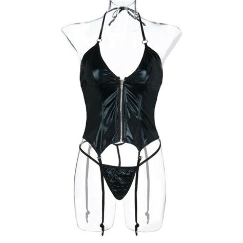 Womens Sexy Leather Lingerie Set Suspender Thong Sleepwear Etsy