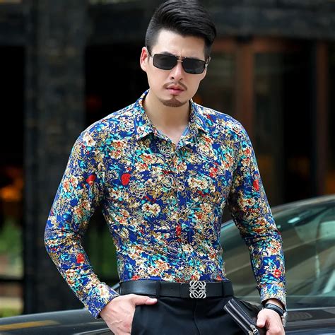 2016 New Design Fashion Full Flowers Printing Mens Long Sleeve Shirt Business Men Casual Floral