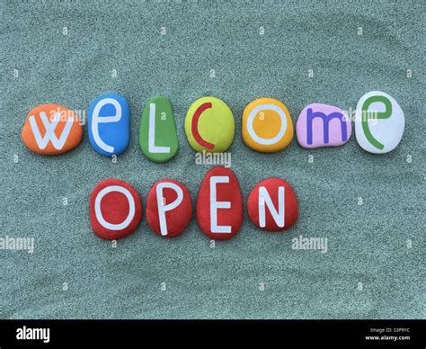 Welcome Open Creative Text Composed With Multi Colored Stone Letters