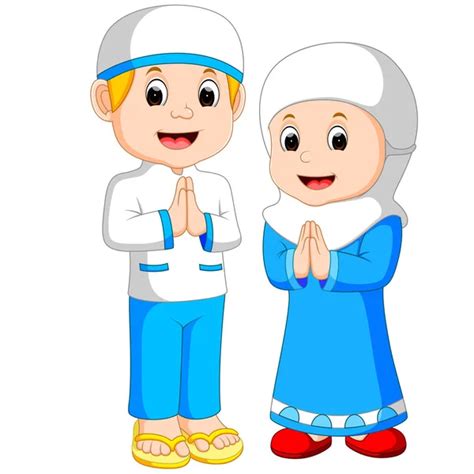 Two Happy Muslim Students Smiling Waving Hand Muslim Kids Cartoon Stock