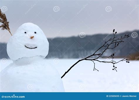Snowman Waving In Greeting Before A Frozen Lake Stock Image Image Of