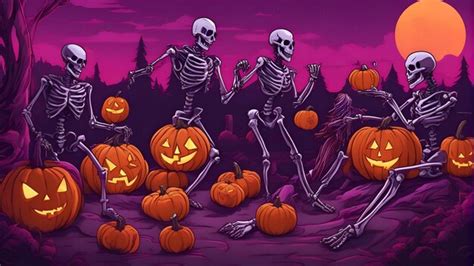 Premium Ai Image Cartoon Halloween Background With Spooky Skeletons And Pumpkins