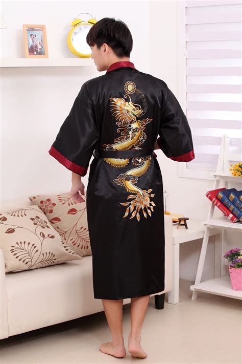 Double Face Chinese Male Silk Satin Mens Dragon Kimono Robe Gown