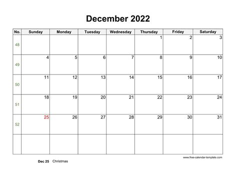 Free 2022 Calendar Blank December Template Horizontal Free Calendar