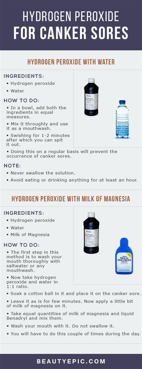 Due to its versatility, hydrogen peroxide is a staple in many gargling with hydrogen peroxide may help treat minor mouth irritations, such as cuts or canker sores, because it is an antiseptic. 5 Effective Ways to Use Hydrogen Peroxide for Canker Sores ...