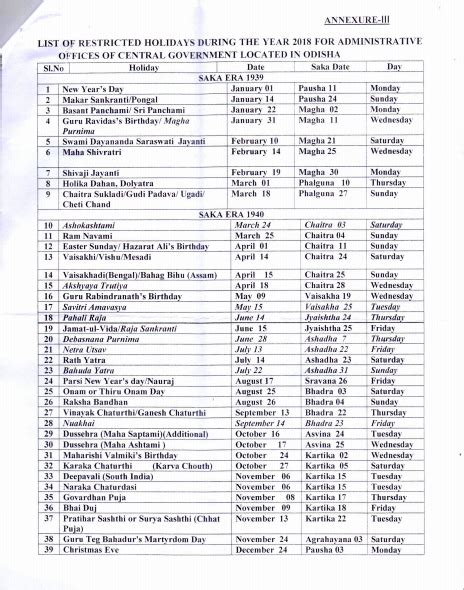 List Of Holidays Odisha Postal Circle Year 2018 Department Of Post