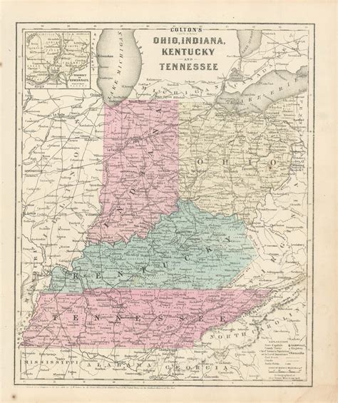 Coltons 1860 Map Of Ohio Indiana Kentucky And Tennessee With Inset