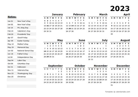 2023 Year Calendar Template With Us Holidays Free