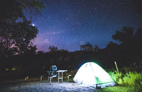 Camping In Campground Area At Night With Star On The Sky In National