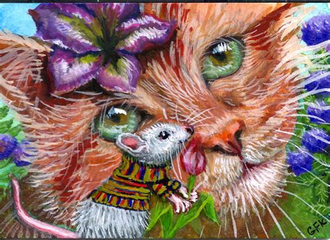 Aceo Original Art Cat Kitten Mouse Tulip Flower Valentines Fantasy