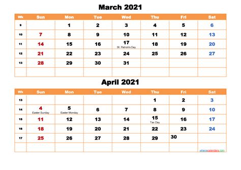 March And April Calendar 2021 Printable Word Pdf