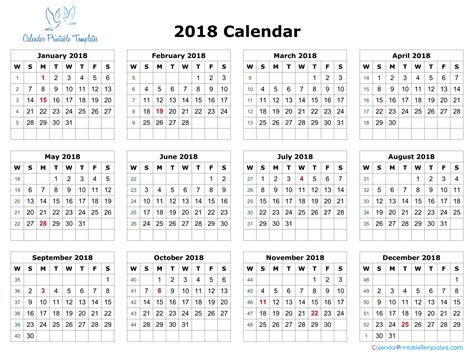 2018 Calendar Excel Template