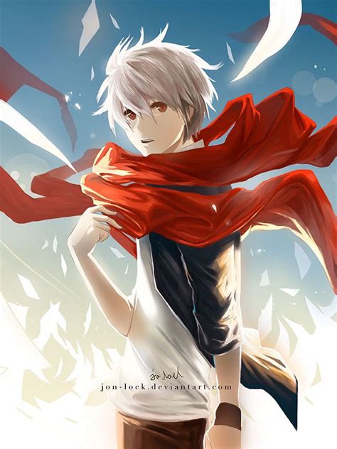 an anime character with white hair wearing a red scarf over his shoulders and looking at the camera