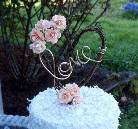 Peach Rose Vine Rustic Cake Topper For Weddings Bridal Shower