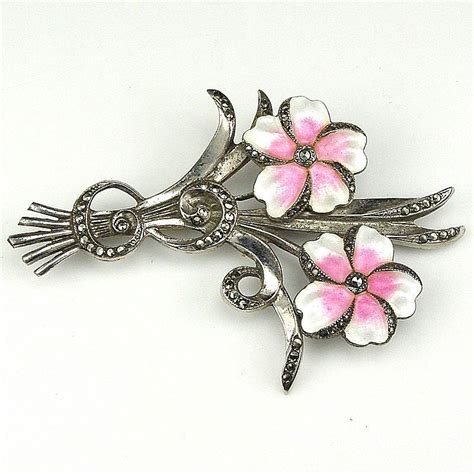 Sterling Flower Brooch Pink And White Enamel W Marcasites From