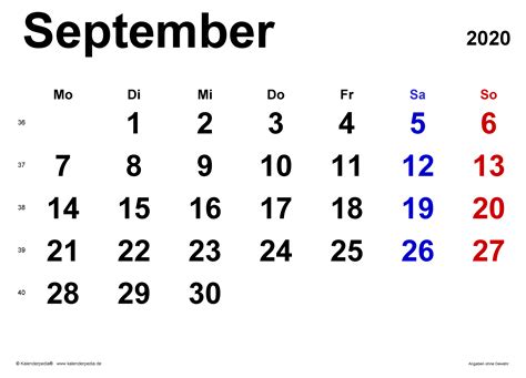 Kalender September 2020 Als Pdf Vorlagen