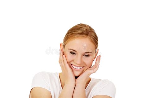 Young Happy Woman Holding Both Hands On Cheeks Stock Photo Image Of