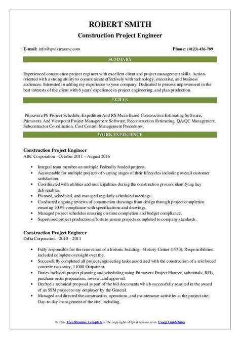 Construction Project Engineer Resume Samples Qwikresume