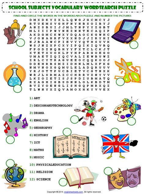 School Subjects Esl Vocabulary Wordsearch Puzzle Worksheetpdf Word