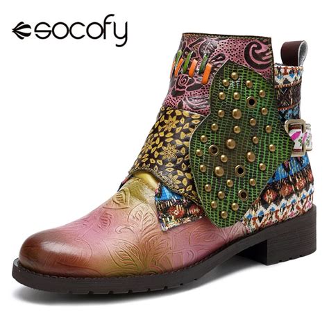 Socofy Vintage Rivet Motorcycle Boots Women Shoes Woman Genuine Leather
