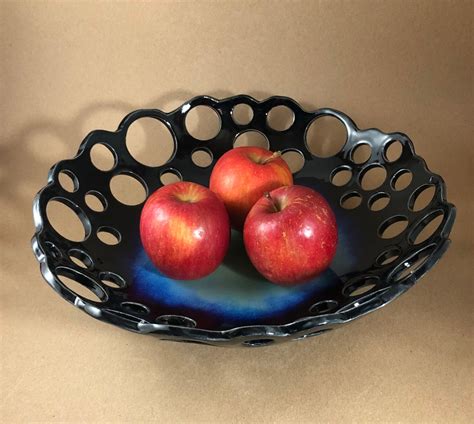 Ceramic Fruit Or Centerpiece Bowl Large Black Blue And Green Etsy