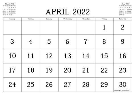 April 2022 Calendar Template Png