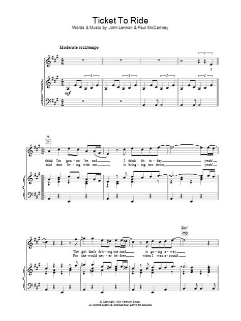 The Beatles Ticket To Ride Sheet Music And Chords For Piano Chordslyrics Download Pdf Score 2