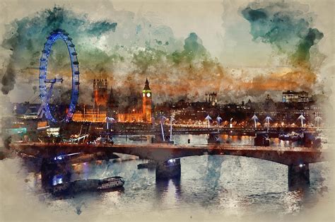 Digital Watercolor Painting Of London Skyline At Night Including