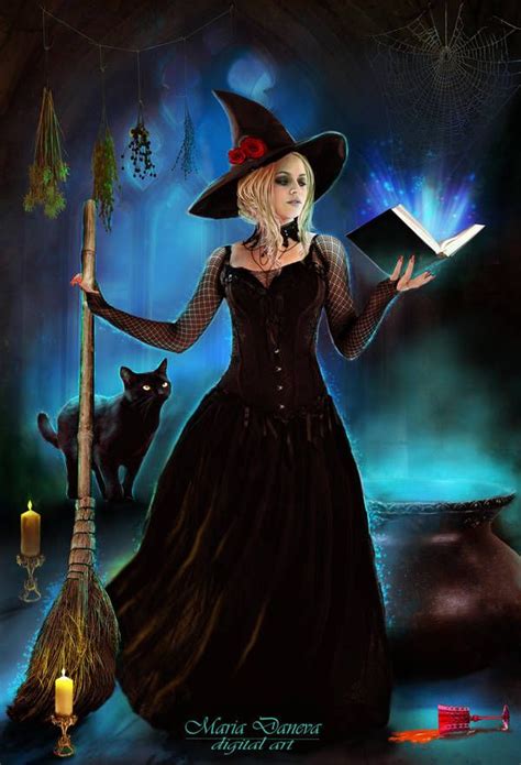 A Woman Dressed As A Witch Holding A Book While Standing Next To A