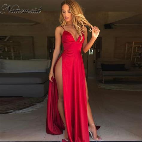 Nattemaid Sexy Side Split Maxi Dress Solid Sexy Deep V Neck Backless Evening Party Elegant
