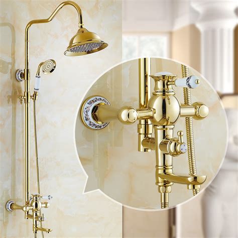 Auswind Polish Golden Shower Set Antique Brass Bathroom Faucet 8 Inch Rainfall Shower Head
