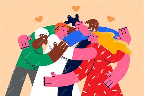 Premium Vector Happy Diverse Multiracial People Hug Cuddle Show Unity And Bonding Smiling