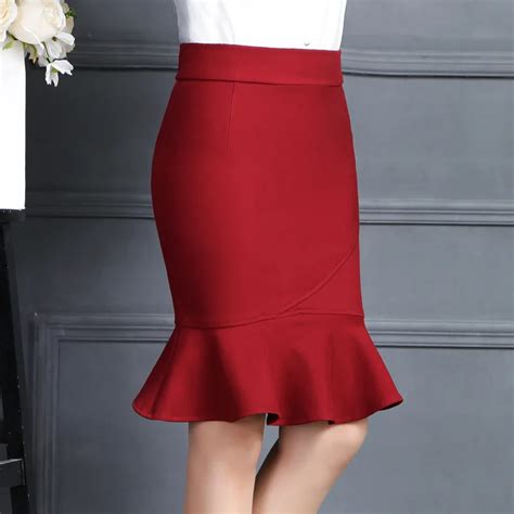 2016 New Sexy Women Evening Party Winter Mermaid Skirts Black Red Ruffles Knee Length Slim High
