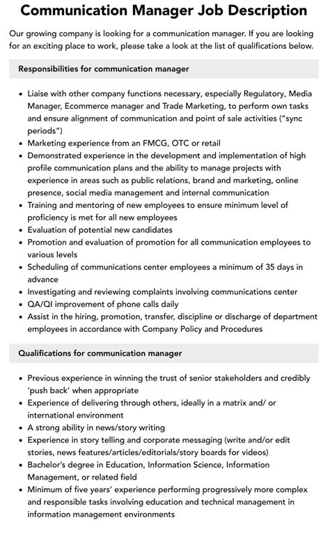 Communication Manager Job Description Velvet Jobs