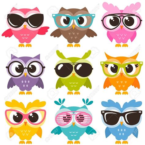 Set Of Colorful Funny Owls With Glasses Illustration