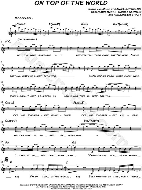 Imagine Dragons On Top Of The World Sheet Music Leadsheet In C