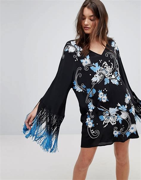 Asos Premium Embroidered Long Sleeve Mini Dress With