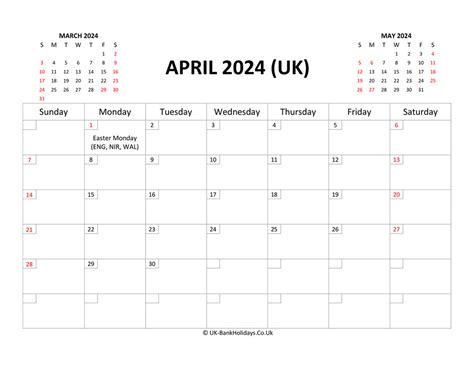 April Calendar With Bank Holidays Templates Printable Free