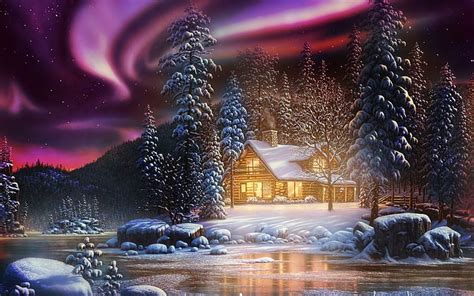 Hd Wallpaper Artistic Winter Aurora Borealis Cabin Lake Light