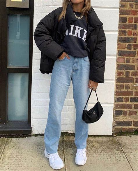 Black Nike Crewneck With Black Puffer Jacket With Jeans In 2020