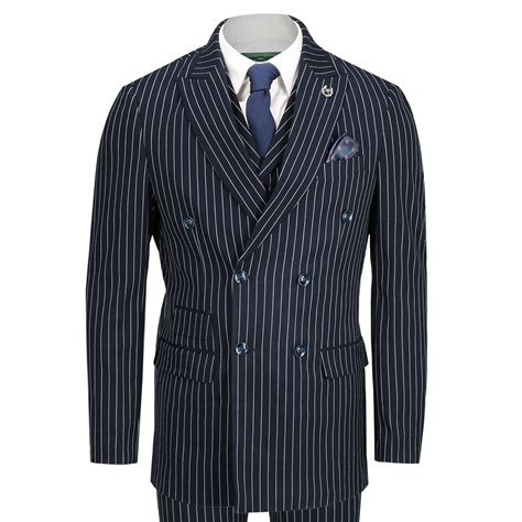 mens navy 3 piece double breasted chalk stripe suit classic vintage tailored fit ebay