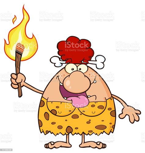 Smiling Red Hair Cave Woman Cartoon Mascot Character Holding Up A Fiery